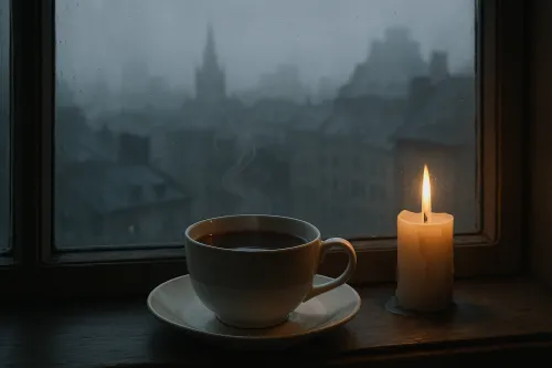 Taza de té caliente y vela encendida en el alféizar de la ventana