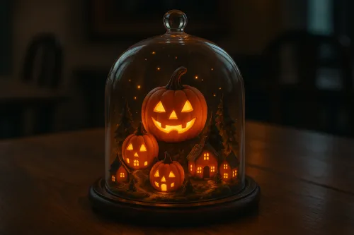 Bonita composición con calabazas y casitas bajo un domo de cristal