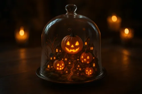 Cápsula de vidrio con calabazas y pequeñas casas para Halloween