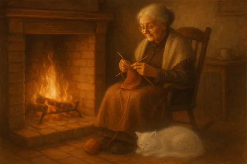 Mujer mayor tejiendo en un suéter, mientras un gato blanco duerme a su lado