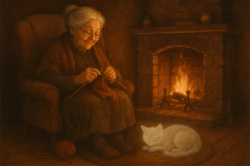 Mujer mayor en una silla, tejiendo, con un gato blanco durmiendo a su lado