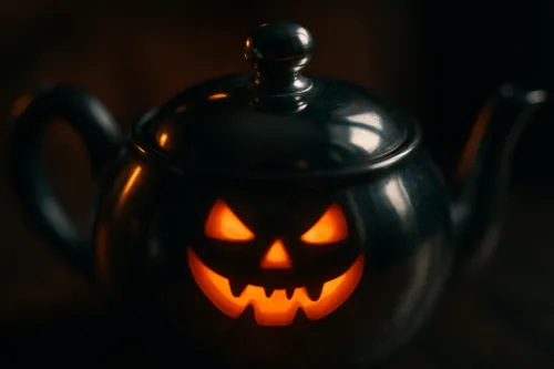 Tetera metálica con una cara de calabaza tallada y luz interior