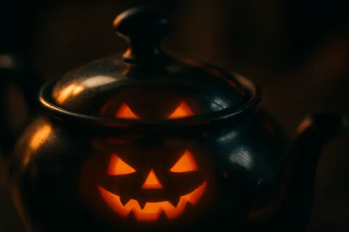 Tetera en forma de calabaza aterradora, iluminada desde adentro con luz naranja