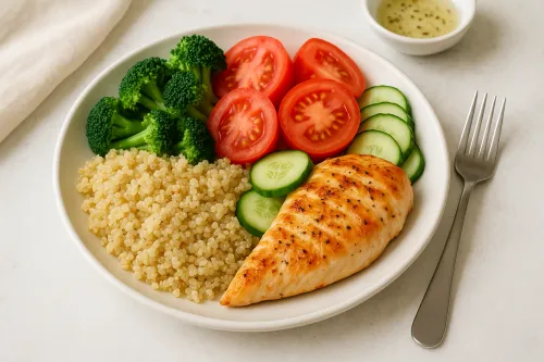 Pechuga de pollo con guarnición de quinoa y verduras frescas