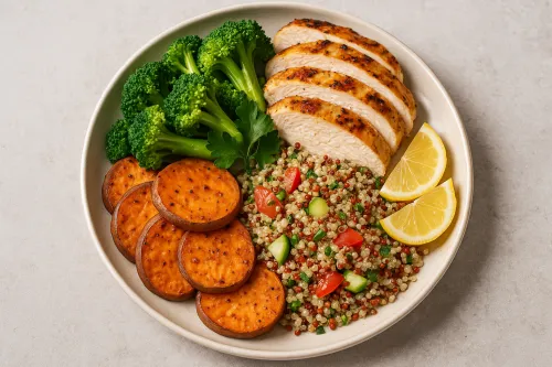 Un hermoso plato con carne de pollo, quinoa y verduras frescas