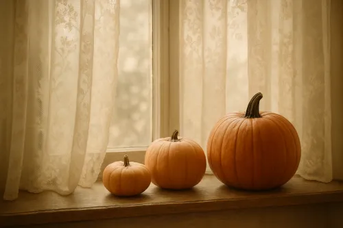 Calabazas de diferentes tamaños en el alféizar de la ventana, cubiertas con cortinas de encaje