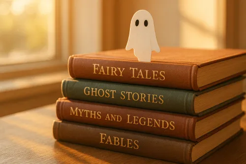 Una pila de libros con un fantasma en la parte superior y letras doradas