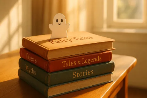 Libros con títulos de cuentos, leyendas y mitos con un personaje fantasmal
