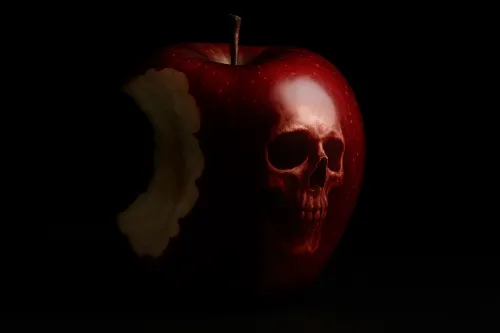 Manzana con una calavera tallada, simbolizando el contraste entre la vida y la muerte