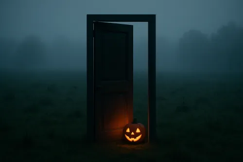 Puerta abierta y calabaza brillante sobre un campo brumoso