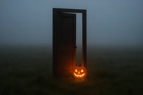 Puerta abierta, detrás de la cual hay una calabaza iluminada desde dentro en la niebla