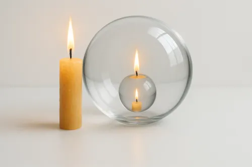 Una vela real al lado de una esfera de vidrio, dentro de la cual hay otra vela