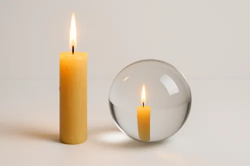 Imagen de alta calidad de una vela junto a una esfera de cristal con reflexión