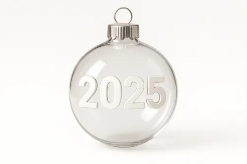 Bola de cristal transparente de Navidad con la inscripción 2025