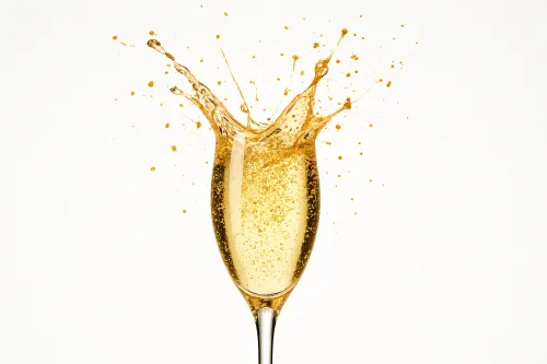 Copa con bebida espumosa y salpicaduras sobre fondo blanco