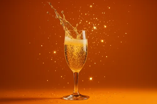 Copa de champán con burbujas sobre un fondo naranja con destellos