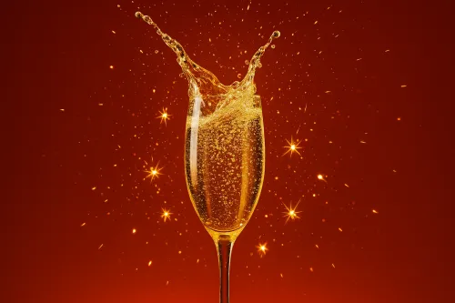 Copa de champán con chispas y salpicaduras sobre fondo rojo