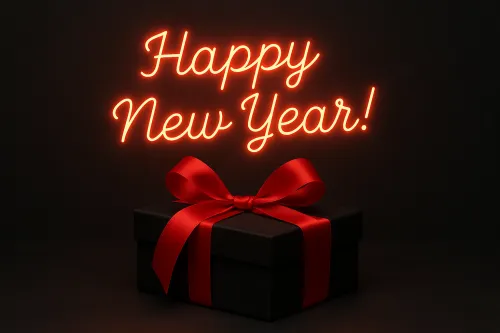 Caja de regalo negra con cinta roja y escritos neón sobre fondo negro