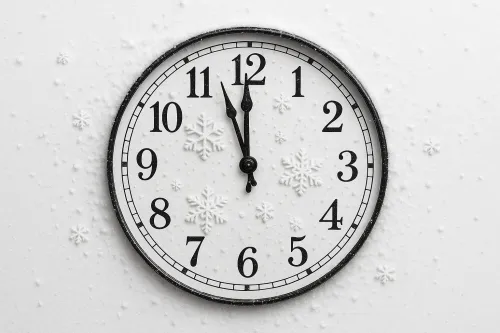 Clock decorated with snowflakes on a white winter background