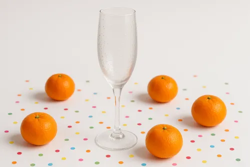 Прозрачный бокал с каплями воды среди ярких апельсинов и цветных точек