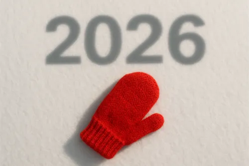 Варежка ярко-красного цвета на белом фоне с тенью числа 2026