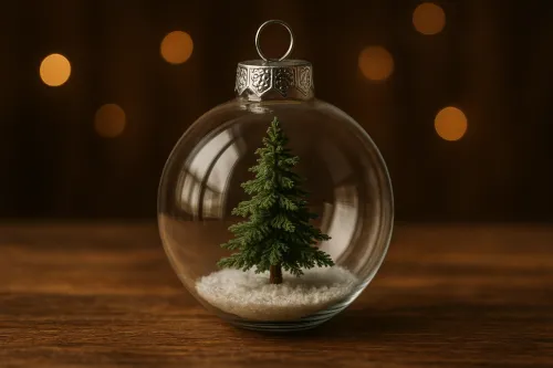 Миниатюрная ель в стеклянном шаре на деревянной поверхности