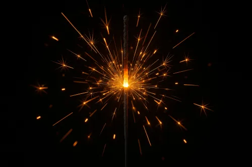 Яркие искры от фейерверка на черном фоне с центральным источником света