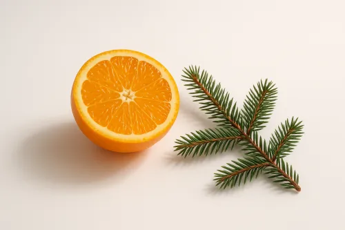 Сочные дольки апельсина на фоне зелёной еловой ветки