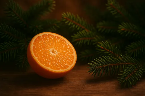 Целая апельсиновая долька в окружении зелёных еловых веток