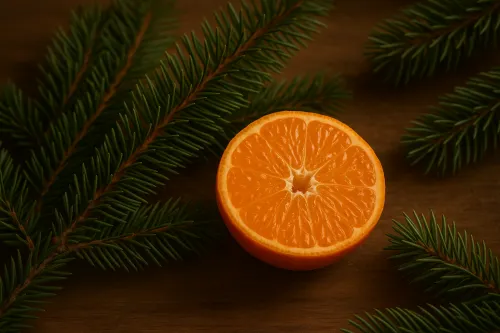 Разрезанный мандарин с яркими дольками на фоне зелёных хвойных веток