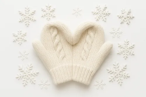 Варежки из теплой пряжи с снежинками вокруг на белом фоне