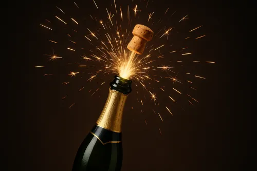 Шампанское с коркой вылетает из бутылки, создавая искры