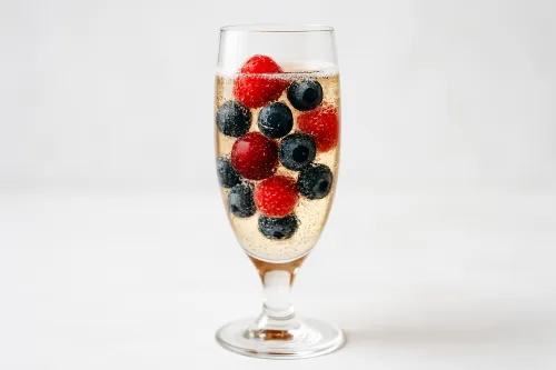 Стеклянный бокал с шампанским и ягодами — малиной и черникой, на светлом фоне