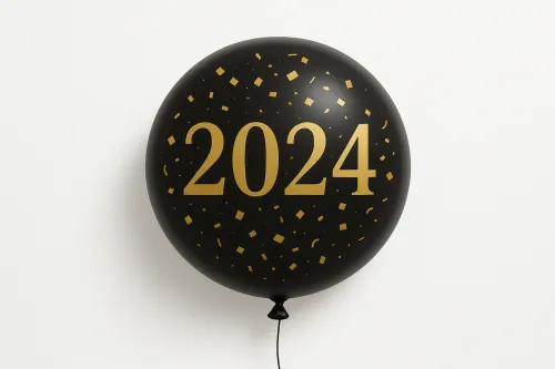 Черный воздушный шар с золотыми свечениями и цифрой 2024