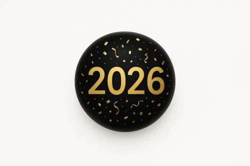 Чёрный шар с золотыми цифрами 2026 и конфетти