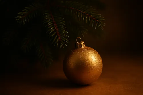 Блестящая золотая елочная игрушка на фоне зеленых веток