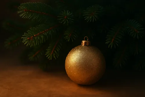 Блестящая золотая елочная игрушка у зеленых веток ели