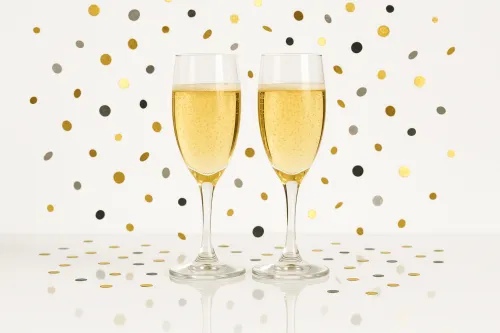 Парные бокалы шампанского на фоне с золотыми и черными конфетти