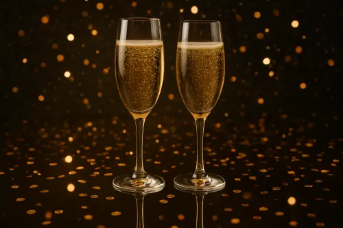 Два бокала с игристым напитком на блестящем фоне