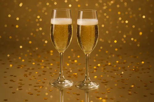 Два бокала с игристым вином и золотой блестящий фон