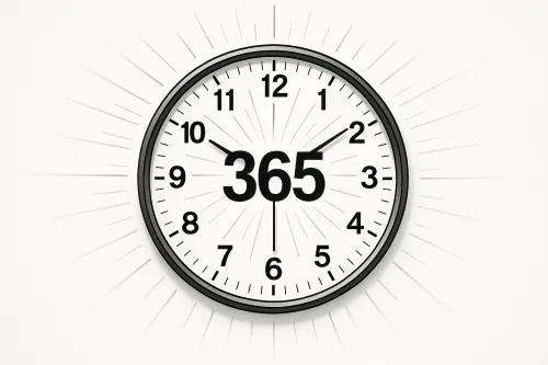 Настенные часы с большой цифрой 365 и лучами на белом фоне