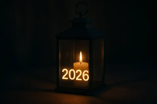 Зажжённая свеча в фонаре с номером 2026