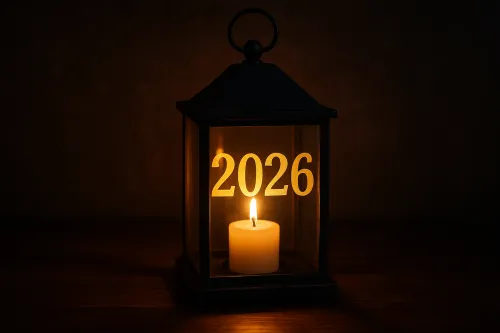Стильный фонарь, внутри которого горит свеча с номером 2026