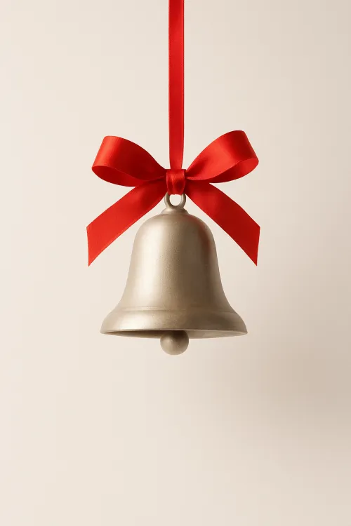 Элегантный металлический звонок с красным бантом, подвешенный на фоне