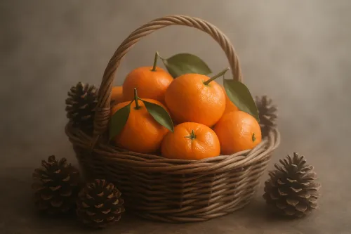 Стильная корзина, полная свежих мандаринов и шишек