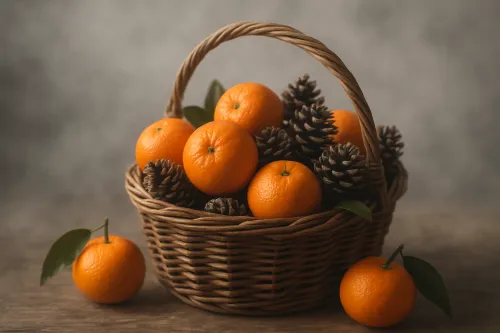 Корзина, наполненная мандаринами и шишками на деревенском фоне