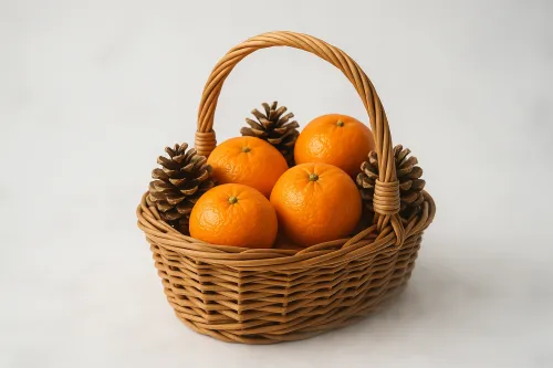 Красивая корзина, наполненная апельсинами и шишками