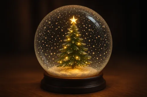 Красивый снежный шар с зеленой елкой и мерцающими огоньками внутри