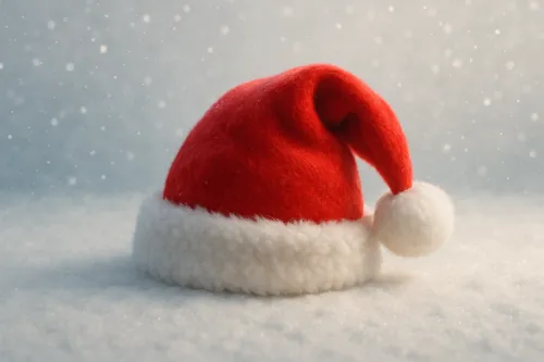 Традиционная красная шапка Санты с белым мехом на снежной поверхности