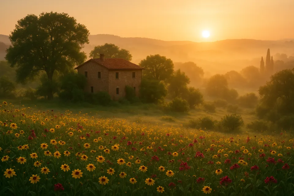 Mañana soleada en el campo con flores y una casa